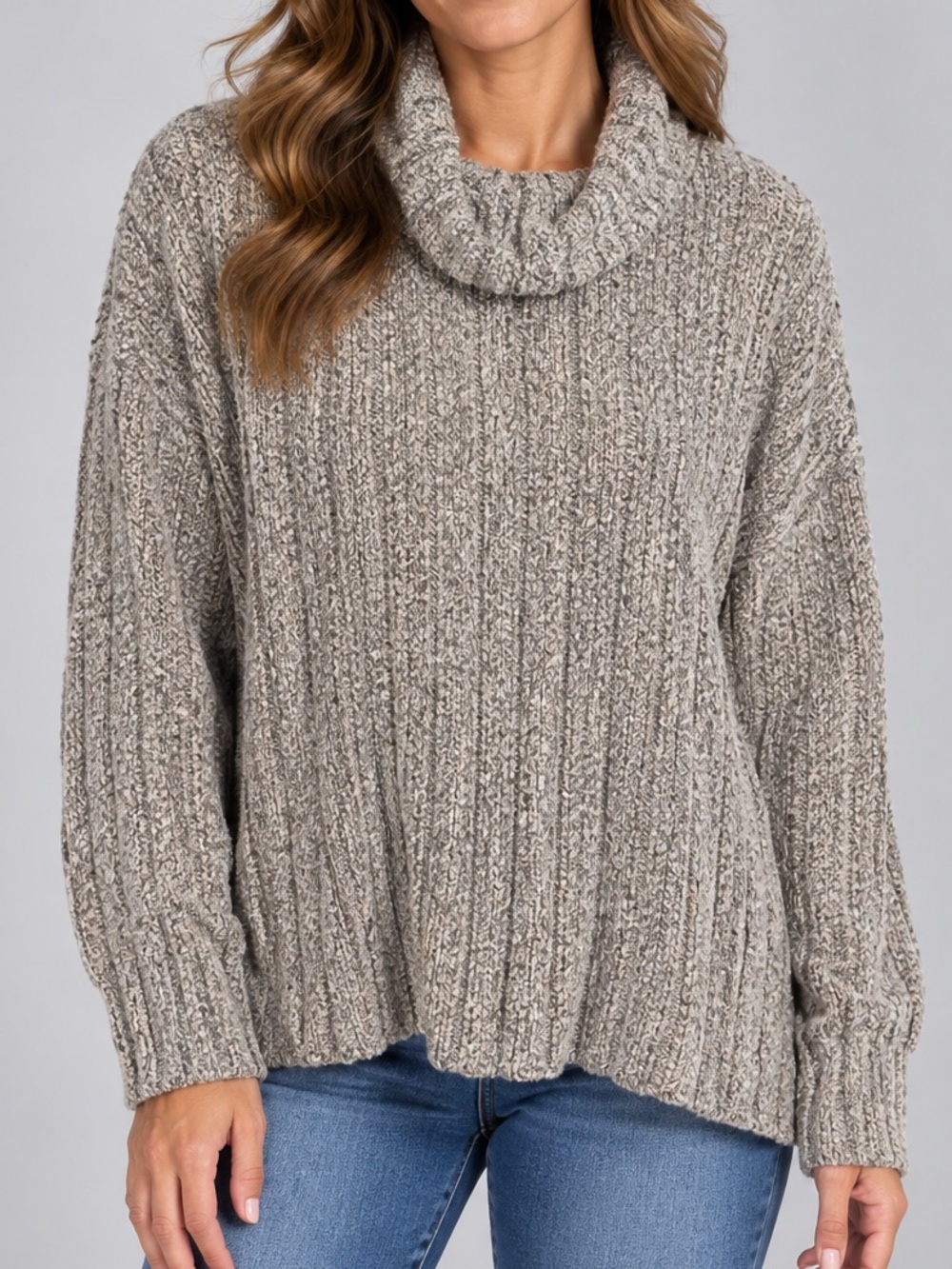 Liz Claiborne Taupe Marled Ribbed Cowl Neck Sweater